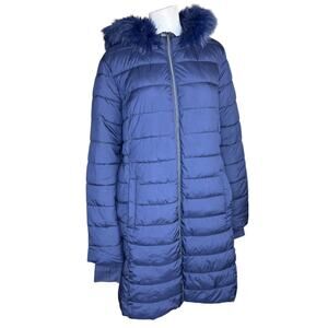 Susan Graver Regular Water Resistant Quilted Coat with Hood Midnight Blue